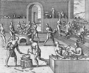 Die Werkstatt der Goldschmiede von Atahualpa in Quito, aus einem Bericht von Girolamo Benzoni, aus 
